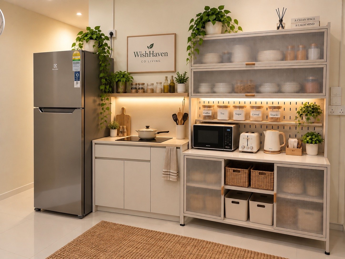 The shared kitchen at Wish Haven co-living, with fridge, induction hob, microwave, toaster and kettle
